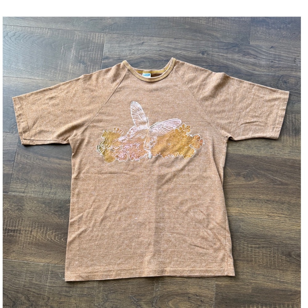 Vintage Champion T Shirt Large Tan Heathered Floral Graphic Tee